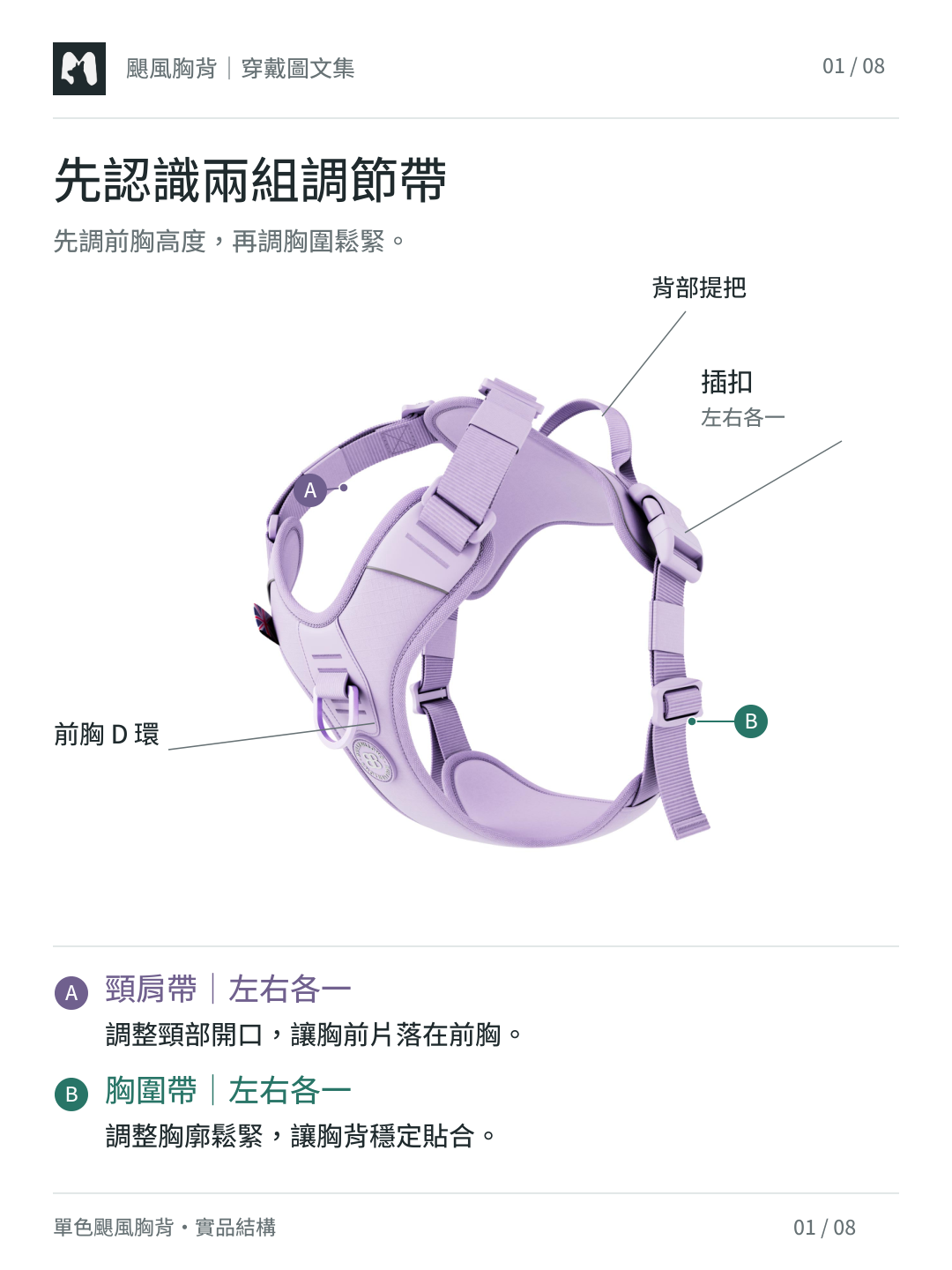 Hurricane 颶風胸背結構：A 頸肩帶與 B 胸圍帶的調整位置，以及背部提把、左右插扣、前胸 D 環