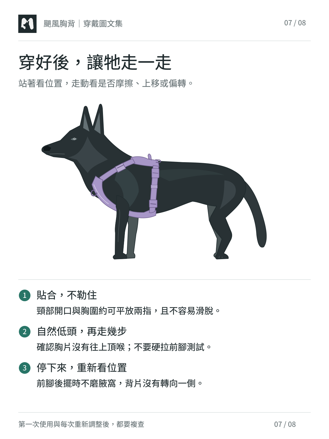 狼犬穿好 Hurricane 颶風胸背的側面示意：走動後檢查貼合不勒住、不頂喉、不磨腋窩
